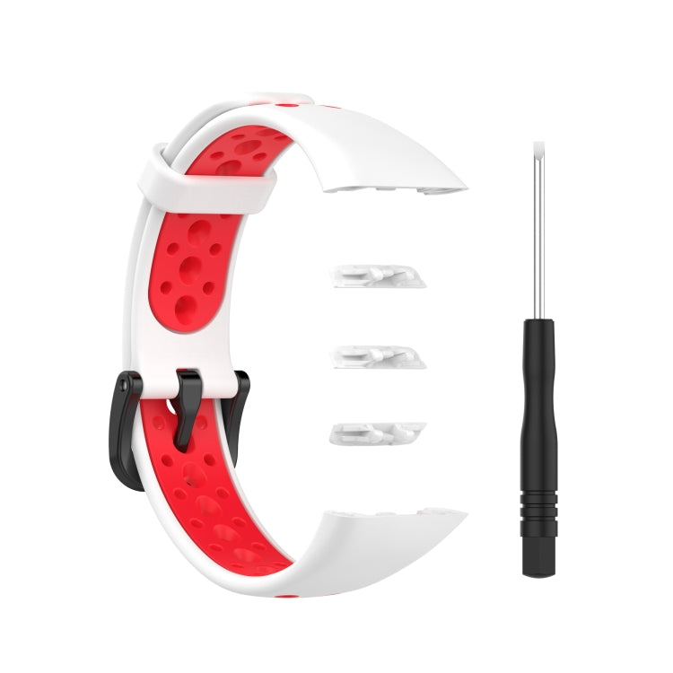 Two-tone breathable silicone watch strap, white/red perforated, with buckle and pins tool