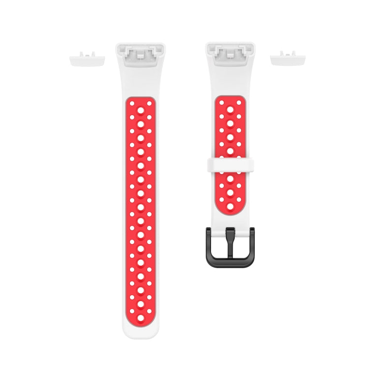 Two-tone silicone watch strap with red perforated band and white connectors, no watch shown