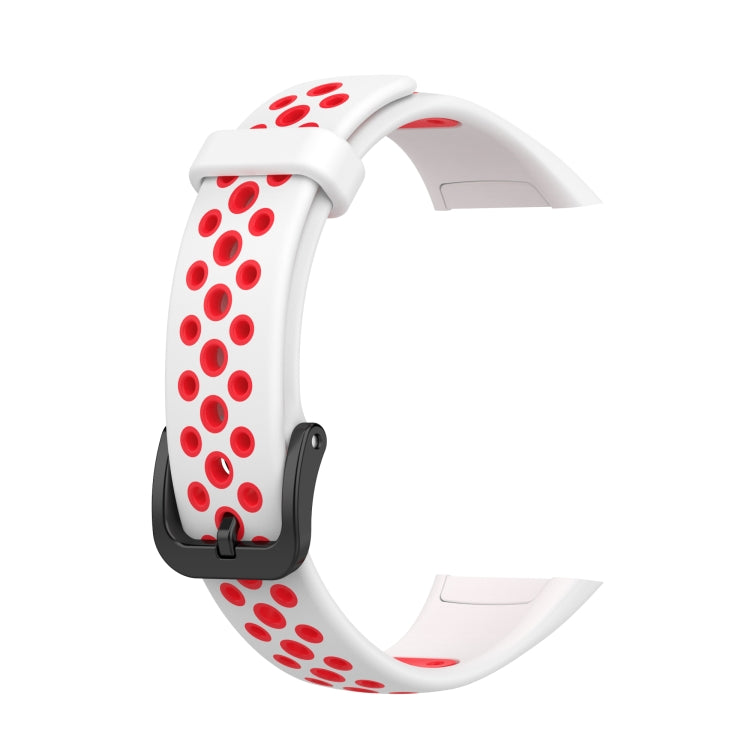 Two-tone breathable silicone watch strap, white/red perforated pattern, with side clasp