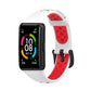 Two-tone silicone watch strap, white/red with perforations, worn on smartwatch