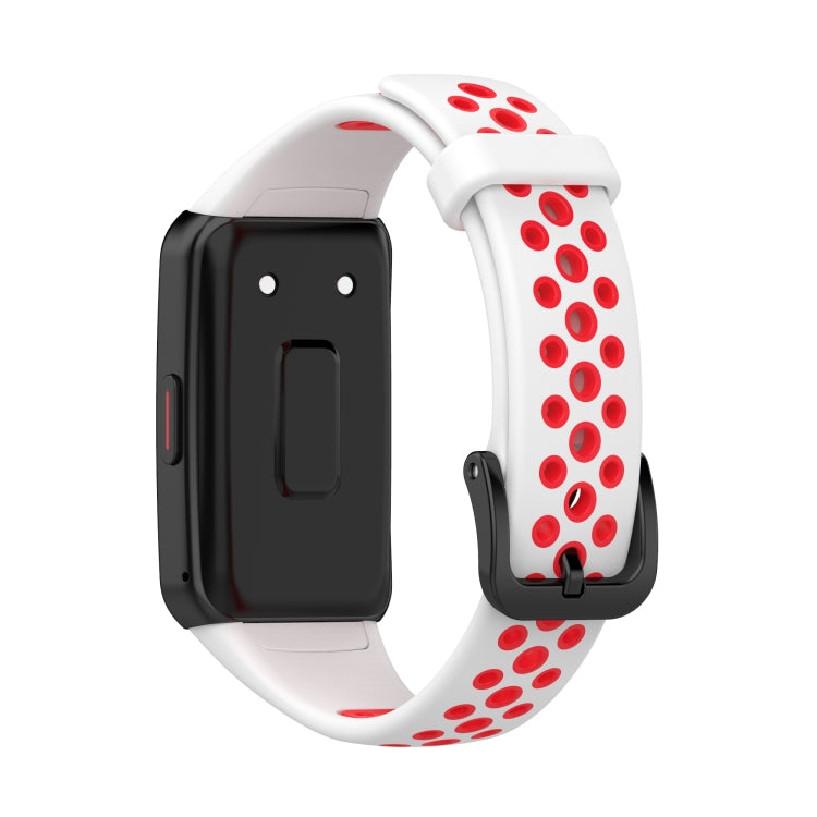 Two-tone silicone watch strap, white/red perforated band shown with smartwatch back