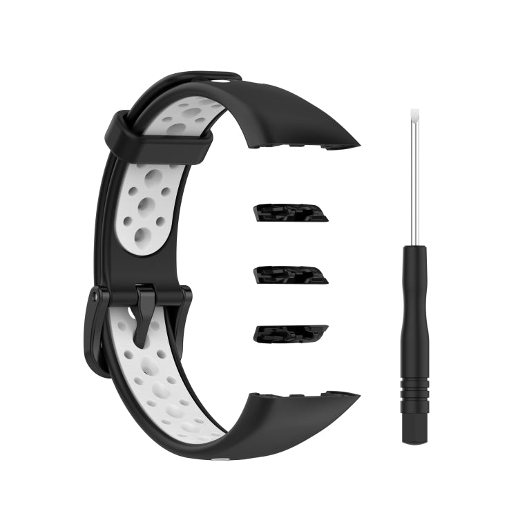 Two-tone breathable silicone watch strap, black/gray perforated, includes pins and tool