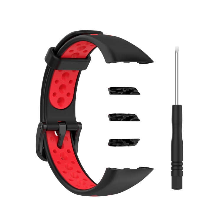 Two-tone breathable silicone watch strap, black/red perforated, includes pins and tool