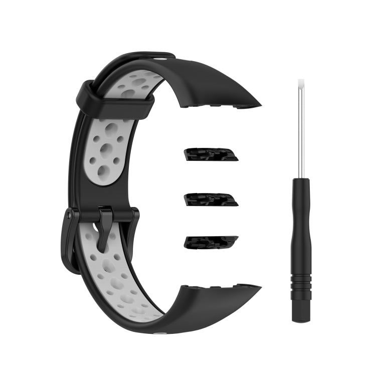 Two-tone breathable silicone watch strap, black/gray perforated, includes pins and tool