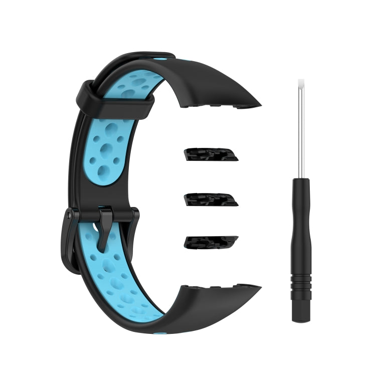 Two-tone breathable silicone watch strap, black/blue perforated, includes pins and tool
