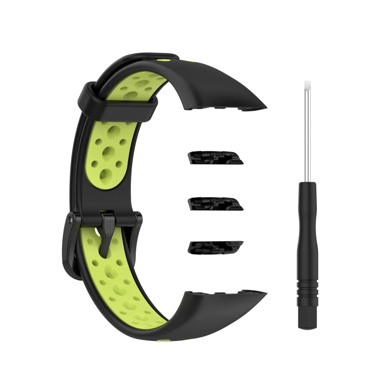 Two-tone breathable silicone watch strap, black/green perforated, includes pins and tool
