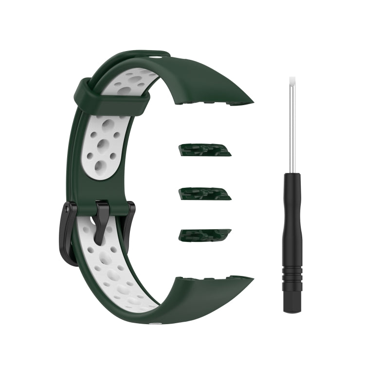 Silicone replacement watch strap, dark green with white breathable holes and buckle