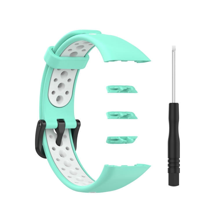Silicone replacement watch strap, mint green with white breathable perforations and buckle