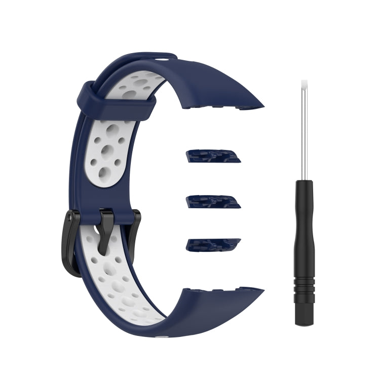 Silicone replacement watch strap, navy blue with white breathable perforations and buckle