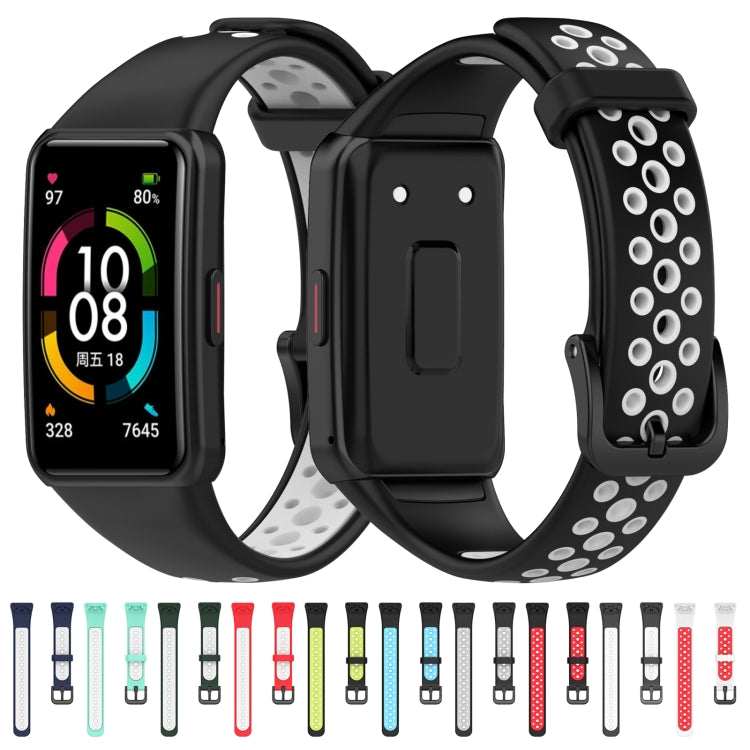 Two-piece smartwatch band set, black silicone with perforated white lining and color options
