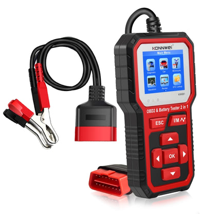 KONNWEI OBD2 & battery tester with red clamp leads and 2.4 in TFT screen