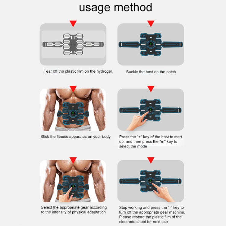Muscle training sticker usage layout showing electrode pads and round controller