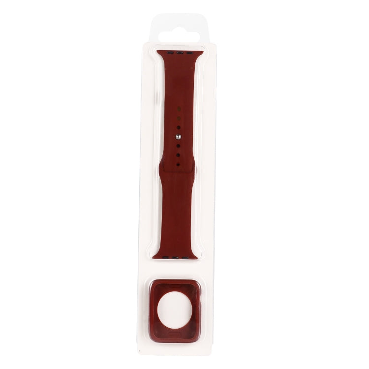 Burgundy silicone watch strap with matching protective case insert, in retail packaging