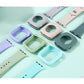 Assorted silicone watch straps with protective cases in multiple colors, laid out