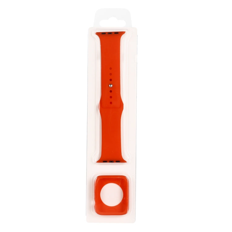 Red-orange silicone watch strap with matching protective case insert, in retail packaging