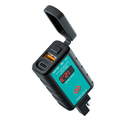 Black motorcycle USB and PD fast charger with voltmeter display and power switch