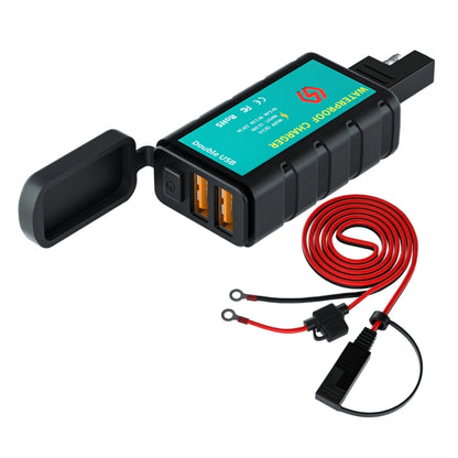 Black dual USB motorcycle fast charger with switch, SAE socket, 1.4m cable
