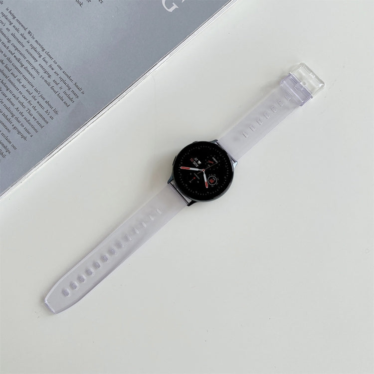Translucent lavender silicone watch strap with perforated holes and clear clasp, 20mm width