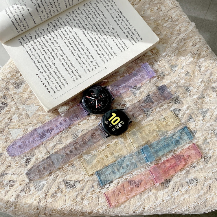 Silicone watch straps in purple and blue with perforated holes and clear clasps, 20mm width
