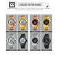 Digital dual time LED watch showing multiple color stainless steel strap options