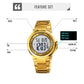 Gold digital dual time LED watch front view with visible buttons and round face