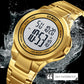 Gold digital dual time LED watch with stainless steel strap and round backlit display