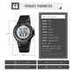 Black digital dual time LED watch with stainless steel band shown with size diagram