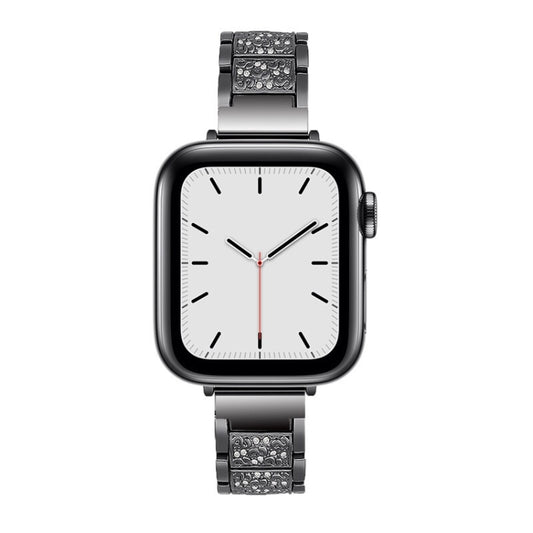 Silver diamond-look metal watchband with square case, white dial, and red second hand