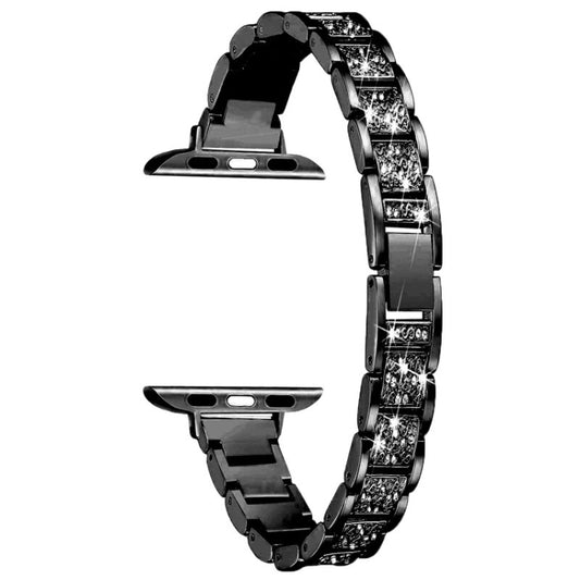Black three-row diamond-look metal watch strap with mounting ends and bracelet links