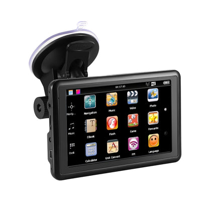 5-inch car GPS navigation touchscreen with suction mount, showing app icons