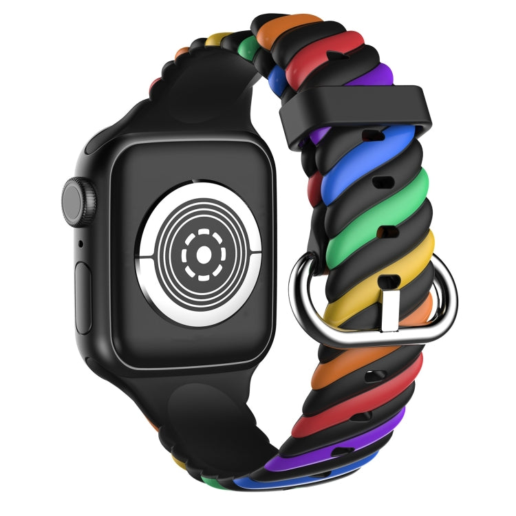 Two-tone multi-color silicone Apple Watch strap with black clasp and metal ring buckle