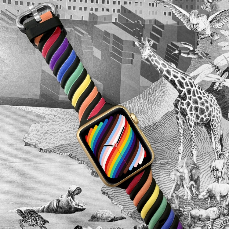 Two-tone rainbow silicone watch strap with black edges and metal clasp