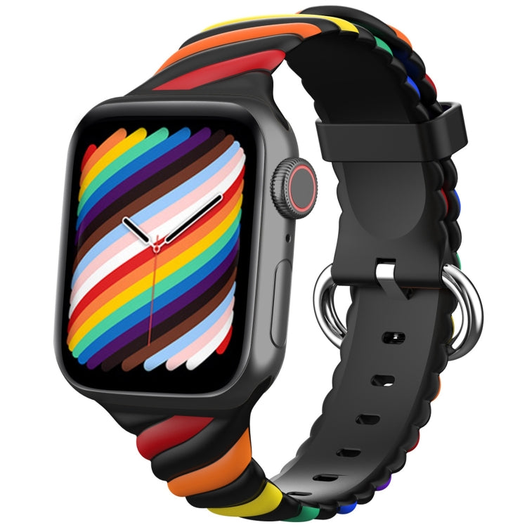 Two-tone rainbow silicone Apple Watch strap with black buckle and perforated holes