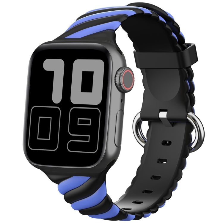 Two-tone silicone watch strap with black base and blue accents, metal clasp