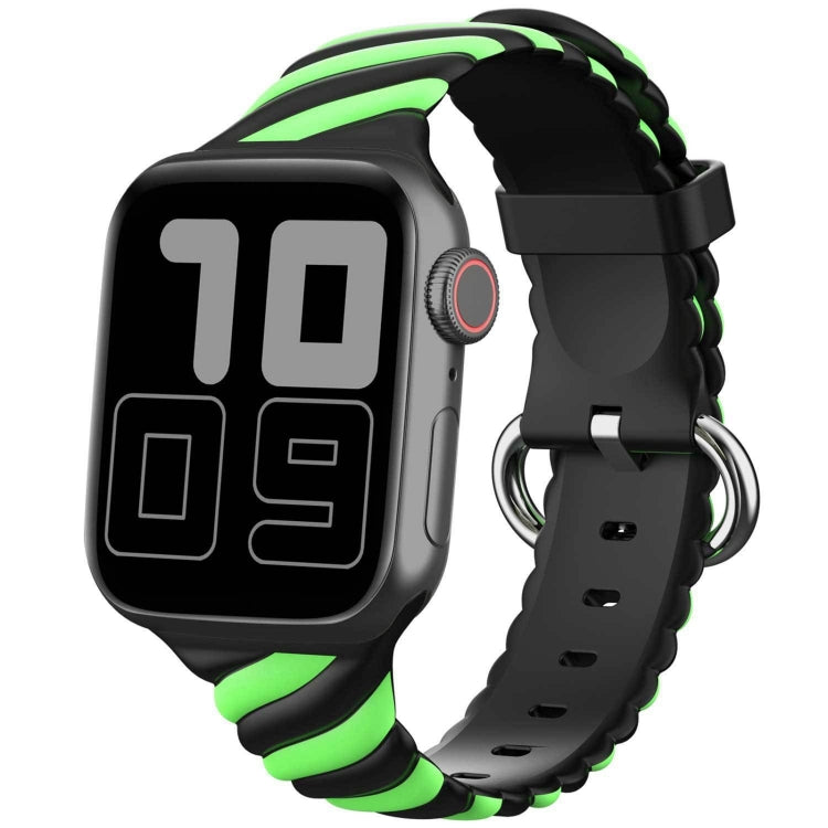 Two-color twist silicone watch strap with black band and neon green accents, perforated