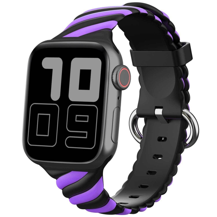 Two-color twist silicone watch strap with black band and purple accents, perforated
