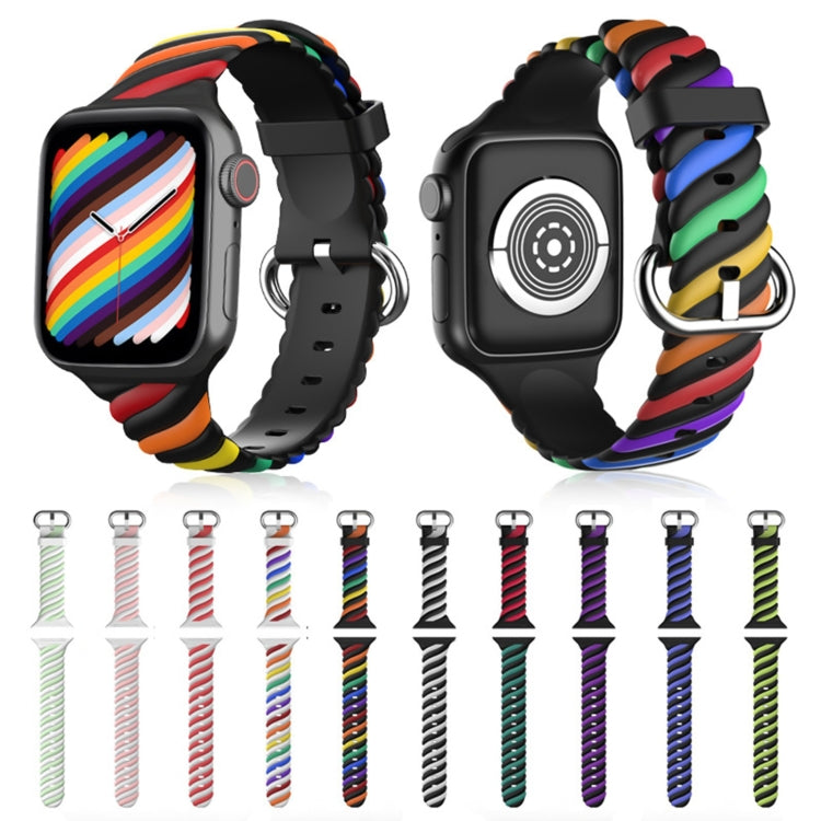 Two-color twist silicone watch strap set with rainbow and black designs plus color options