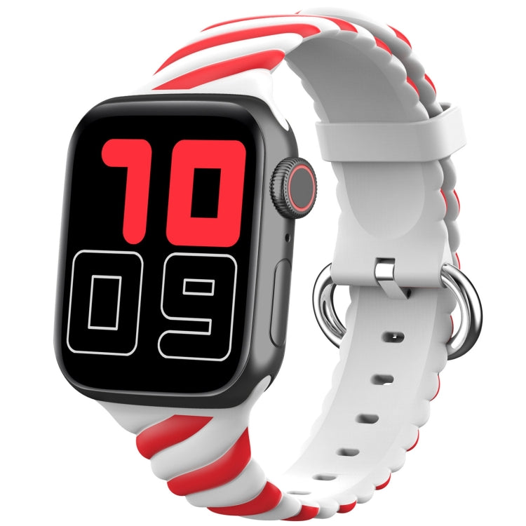 Two-color twist silicone watch strap with white band and red accents, perforated