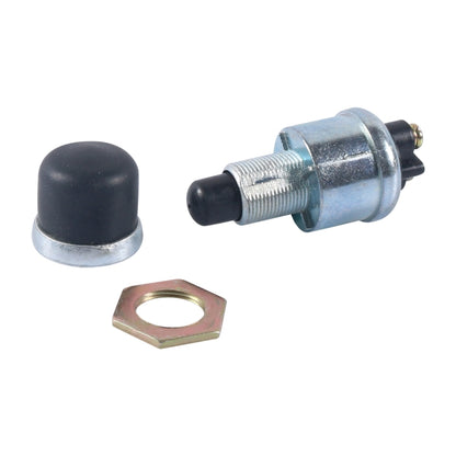 Engine start button switch with black rubber cap, metal housing, mounting nut included