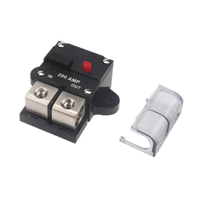 200A inline circuit breaker with red reset button and two screw terminals