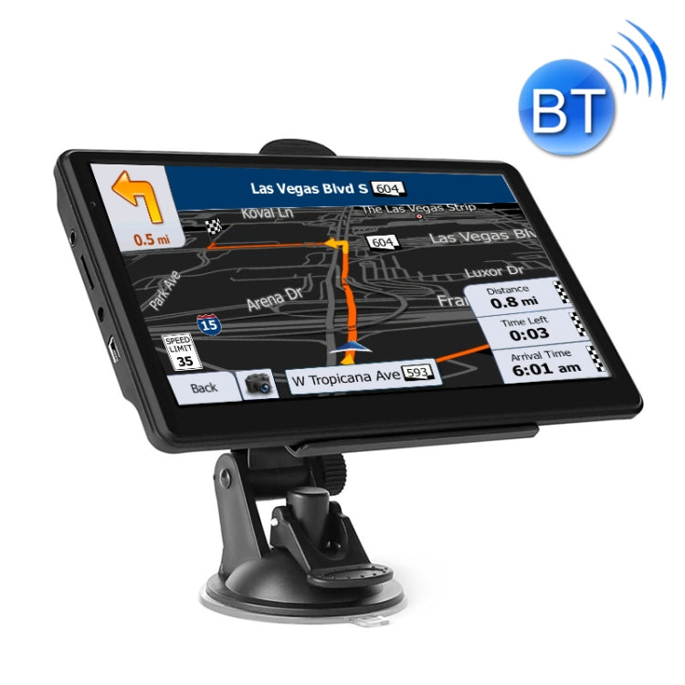 7-inch car GPS navigator with touch map screen and Bluetooth indicator on mount