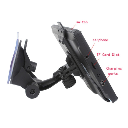 Car GPS navigator showing side ports, TF card slot, and earphone connection on mount.
