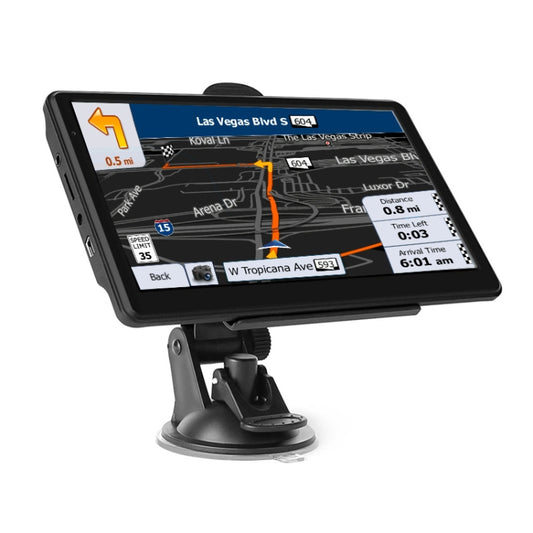 7-inch car GPS navigator with touchscreen on suction mount, showing route guidance on display.