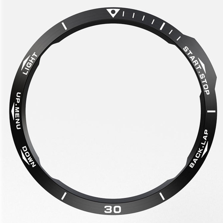 Black bezel ring with markings and white lettering, front view