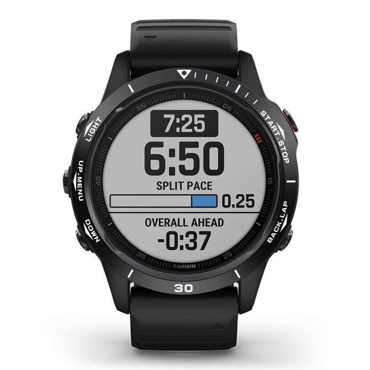 Black bezel ring accessory on smartwatch face with digital time display