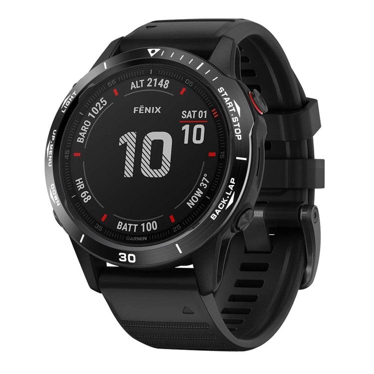 Black bezel ring with white text around smartwatch face on black watch