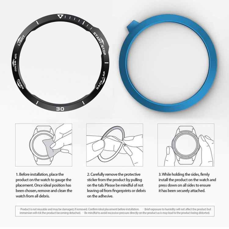 Set of two bezel rings: black ring and blue ring with white text