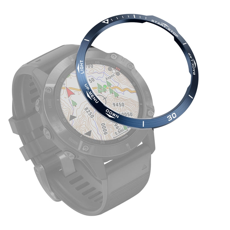 Blue bezel ring accessory fitted around smartwatch display