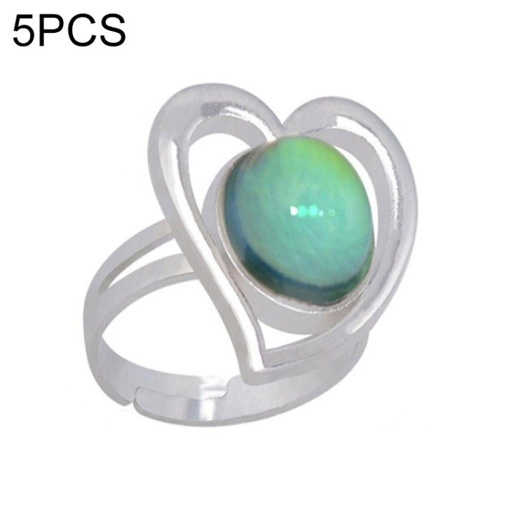 Adjustable open ring with heart-shaped frame and green-blue oval gem