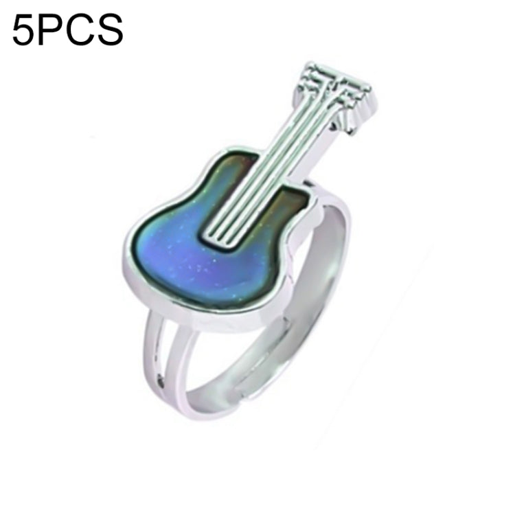 Adjustable open ring with guitar-shaped enamel and iridescent green-blue gem